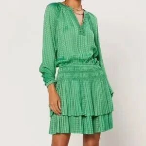 Current Air Jacquard Silky Long Sleeve Mini Dress Size XS Emerald Green